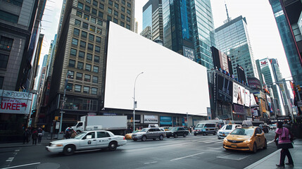 Wide urban scene with a blank white billboard for dynamic advertising displays.