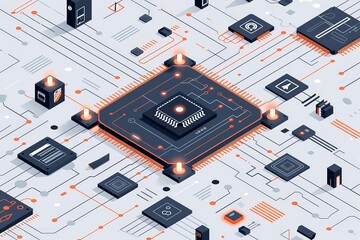 a computer chip with orange glowing elements and a circuit board with many electronic components. - obrazy, fototapety, plakaty
