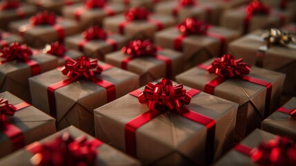 Numerous Brown Gift Boxes with Red Ribbons Arranged Neatly in Rows,  Festive Atmosphere for Special Events, Shopping and delivery product boxes promoting free or discounted shipping, online shoppers - obrazy, fototapety, plakaty