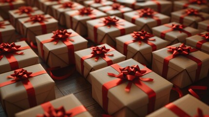 Numerous Brown Gift Boxes with Red Ribbons Arranged Neatly in Rows,  Festive Atmosphere for Special Events, Shopping and delivery product boxes promoting free or discounted shipping, online shoppers - obrazy, fototapety, plakaty