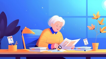 Naklejka premium Woman happily immersed in her stamp collection hobby