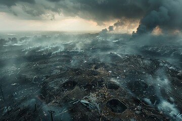 a post-apocalyptic city in ruins. The sky is dark and gloomy, the buildings are destroyed, and the ground is covered in debris. - obrazy, fototapety, plakaty