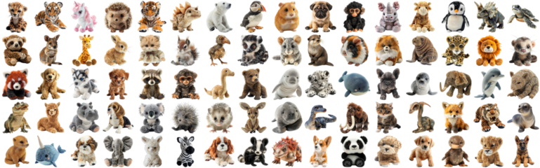 Big set of cute fluffy animal dolls for nursery and children toys, many animal plush dolls photo collection set, isolated background AIG44