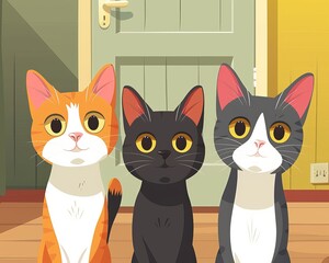 Digital illustration of three adorable cartoon cats with different fur colors sitting together at the entrance of a home. - obrazy, fototapety, plakaty