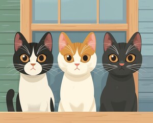 Three cute cats sitting in front of a window. - obrazy, fototapety, plakaty