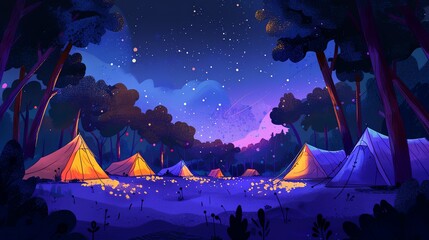 Tents lined up at a music festival at night, flat design, side view, festival fun theme - obrazy, fototapety, plakaty