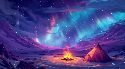 Tent camping with a bonfire under the northern lights, flat design, top view, arctic lights theme - obrazy, fototapety, plakaty