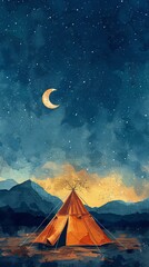 Tent pitched on a desert under a clear night sky, flat design, front view, desert solitude theme - obrazy, fototapety, plakaty