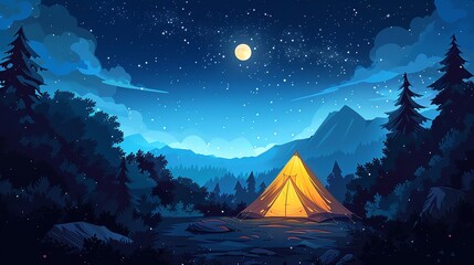 Tent camping under a starry night sky - obrazy, fototapety, plakaty