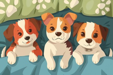 Three cute puppies peeking out from under a blanket. - obrazy, fototapety, plakaty