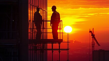 Two construction workers on scaffolding watch the sunset over the city. - obrazy, fototapety, plakaty