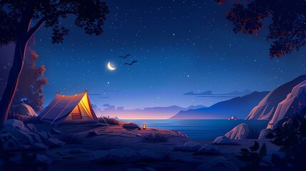 Tent camping near a cliff with ocean views at night - obrazy, fototapety, plakaty