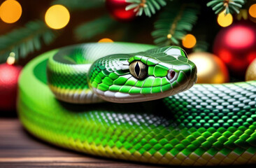 Obraz premium Green snake among branches and lights - an original accent for Christmas and New Year cards and invitations