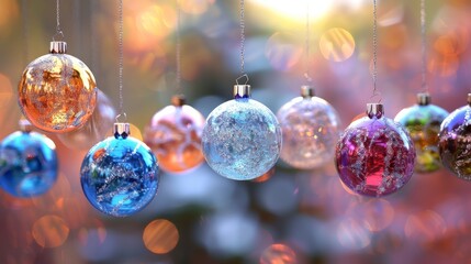 Behold the festive elegance of Christmas balls delicately suspended against a soft, out-of-focus background, their vibrant colors and shimmering textures captured in stunning HD clarity