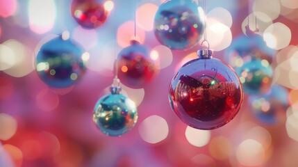 Behold the festive elegance of Christmas balls delicately suspended against a soft, out-of-focus background, their vibrant colors and shimmering textures captured in stunning HD clarity