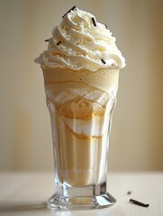 A delicious vanilla and caramel ice cream milkshake on a plain background.  - obrazy, fototapety, plakaty