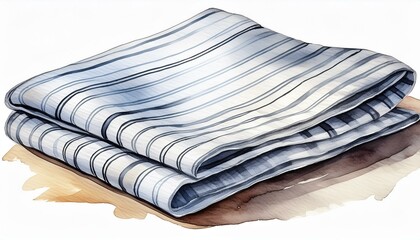 Watercolor kitchen towel illustration. Hand drawn white striped textile napkin isolated on transparent background. Folded dish towel sketch for culinary blog, cookbook, recipes - obrazy, fototapety, plakaty