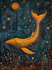 Traditional Bharni style Madhubani painting of elegant whale, set in a serene starry night, conveying heartfelt emotions - obrazy, fototapety, plakaty