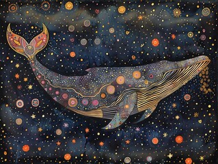 Madhubani Bharni style artwork of a whale, serene night sky with stars, heartfelt traditional depiction - obrazy, fototapety, plakaty