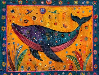 Serene concept of a whale under a starfilled sky, Traditional Madhubani Bharni style painting, heartfelt and vibrant - obrazy, fototapety, plakaty