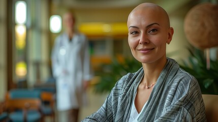 Young Bald Female Cancer Survivor in Hospital Lobby. Young bald female cancer survivor sits relaxed in a hospital lobby, radiating positivity and strength with a supportive doctor in the background.