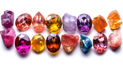 Sixteen samples and variety of cut gemstones in different colors and shape on a white isolated background