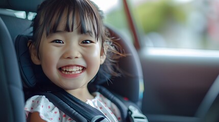チャイルドシートに座る笑顔の日本人女の子