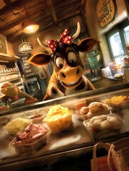 animated Holstein cow, wearing polka dot bow headband, standing behind an ice cream display counter, scooping ice cream - obrazy, fototapety, plakaty
