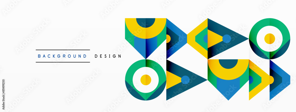 Poster A colorful geometric pattern featuring triangles, circles, and rectangles in electric blue hues, creating a symmetrical and visually appealing design for a logo or graphic symbol