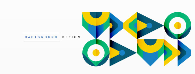 A colorful geometric pattern featuring triangles, circles, and rectangles in electric blue hues, creating a symmetrical and visually appealing design for a logo or graphic symbol