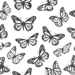 Abstract modern seamless pattern of monarch butterfly contours on white background