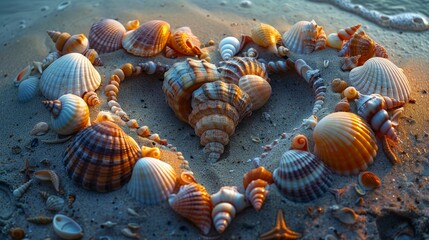 A design made by arranging sea shells on the beach. 