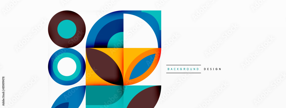 Poster A colorful geometric design featuring circles and squares in electric blue, with symmetry and patterns on a white background. This art piece showcases symbols and logos in a modern font