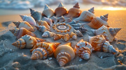 Obraz premium A design made by arranging sea shells on the beach. 