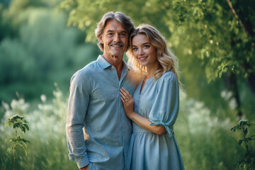 Naklejka premium father and daughter or love with age difference, woman age 30 blonde caucasian and mature man gray hair, walking in nature, walk in field and meadow trees and nature, blue summer dress, spring, love