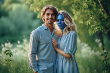 a female alien, blue alien species, extraterrestrial being, extraterrestrial loves a man from planet earth, woman age 30 blonde caucasian, walking in nature, walk in field and meadow trees and nature