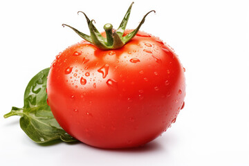 A fresh, ripe tomato with basil leaves isolated on a white background.