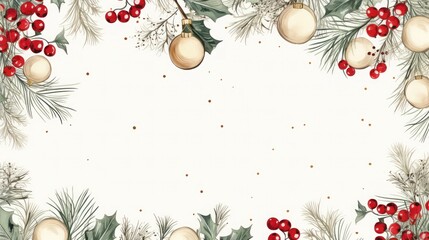 Christmas mock-up. Decorative frame with balls, holly berries, spruce needles and glitters on white background, imitation of a drawing. - obrazy, fototapety, plakaty
