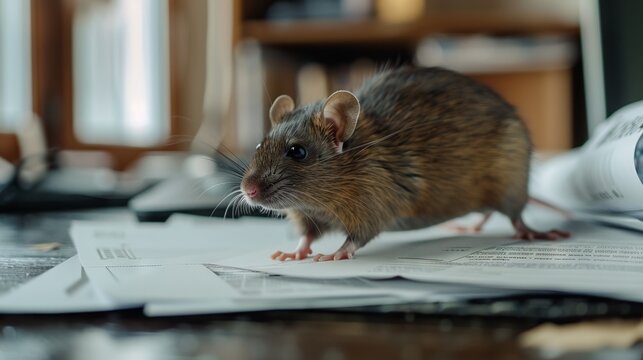 A brown rat standing on top of papers. Generative AI.
