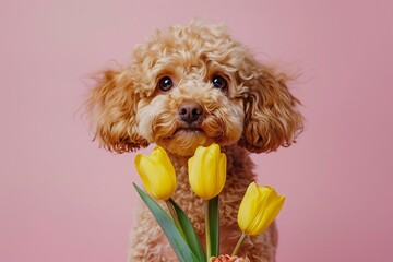 A dog with a bouquet of yellow tulips. Generative AI. - obrazy, fototapety, plakaty
