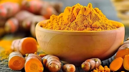 a fresh turmeric root and powder sourced from Madura, Indonesia - obrazy, fototapety, plakaty