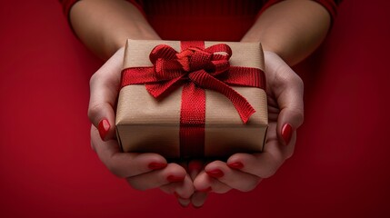 A woman holding a gift box with red ribbon. Generative AI. - obrazy, fototapety, plakaty