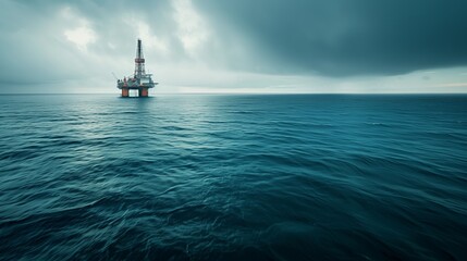 Stark Offshore Oil Rig in Moody Seascape. Offshore oil rig stands stark against a moody, cloud-filled seascape, a testament to human engineering in the vast ocean.
