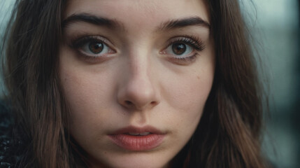 Fototapeta premium Young adult woman emotional, empathetic almost crying, tears in eyes, shocked and traumatized by bad news, problems, worries, nightmare feelings, disappointed, lonely