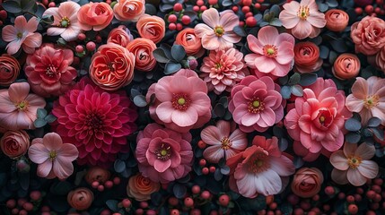 A bunch of pink flowers are arranged in a row. Generative AI.