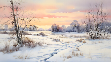 Watercolor wintertime outdoor landscape country road background poster decoration painting