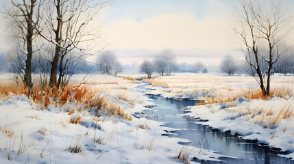 Watercolor wintertime outdoor landscape country road background poster decoration painting