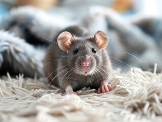 A small gray rat sitting on a rug. Generative AI.