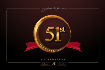 51st Anniversary Logo With Golden Ring And Red Ribbon Isolated on Elegant Background, Birthday Invitation Design And Greeting Card.