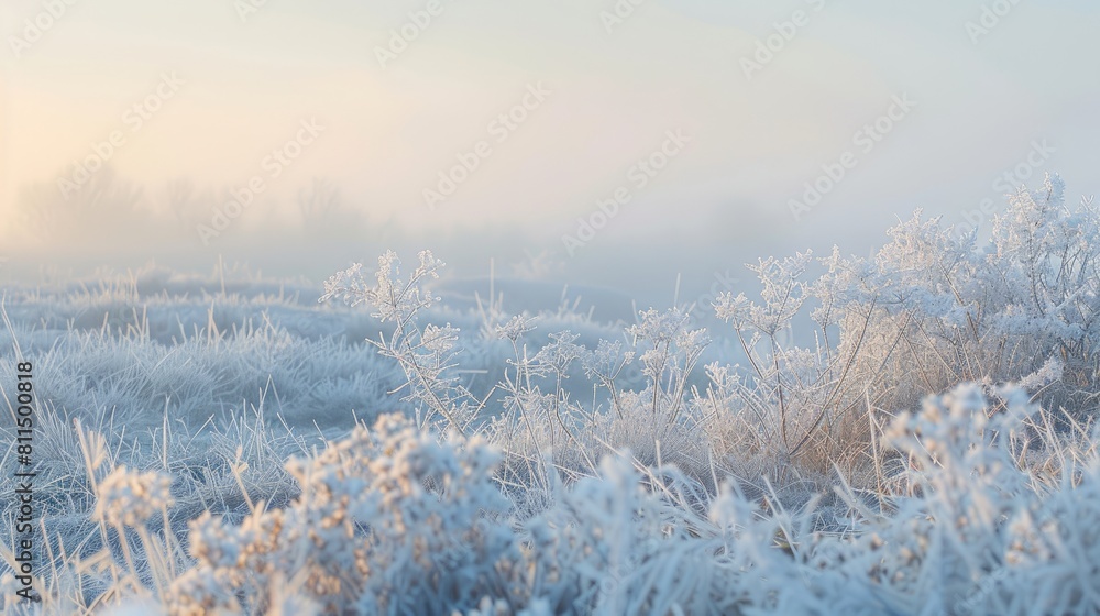 Sticker plants and grass covered in frost on a misty winter morning